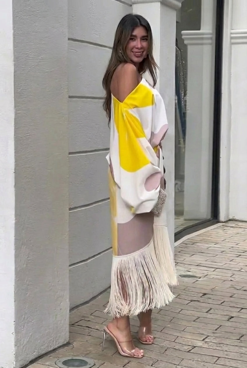 Bella – Abito Midi Monospalla Con Frange Per Un Look Esclusivo
