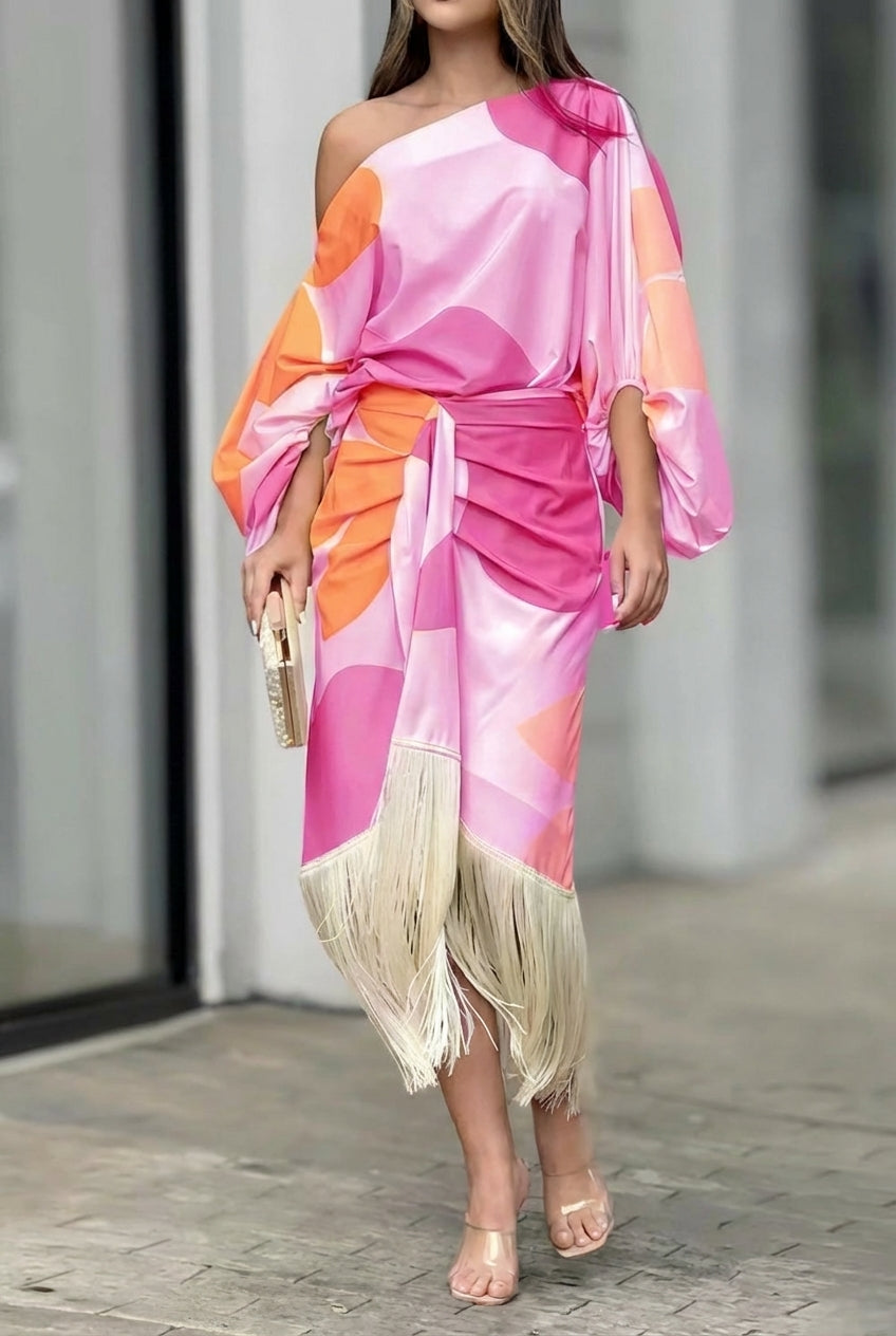 Bella – Abito Midi Monospalla Con Frange Per Un Look Esclusivo