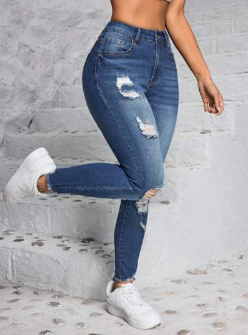 Helena - Jeans casual blu da donna strappato