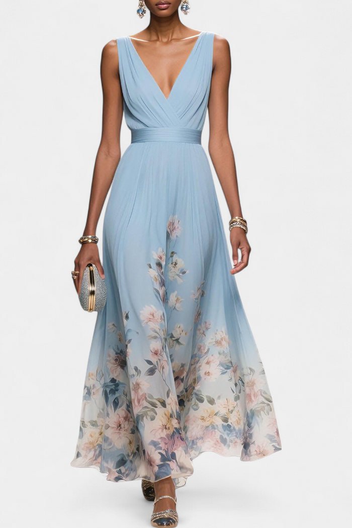 Natalia - Abito Lungo Floreale Smanicato Donna Elegante