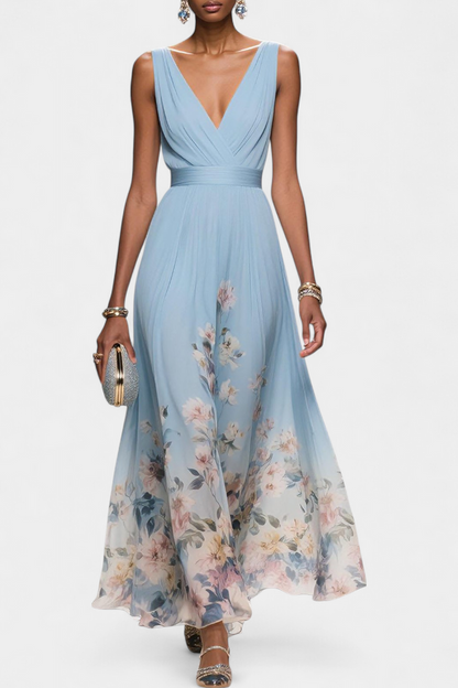 Natalia - Abito Lungo Floreale Smanicato Donna Elegante