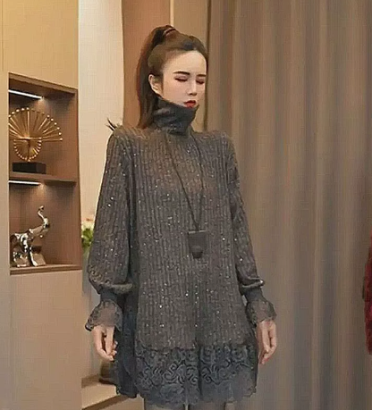 Jasmine - Maglione a Coste con Pizzo Floreale