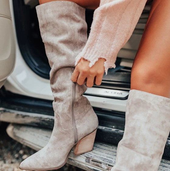 Ilenia - Stivali beige scamosciati da donna con tacco alto