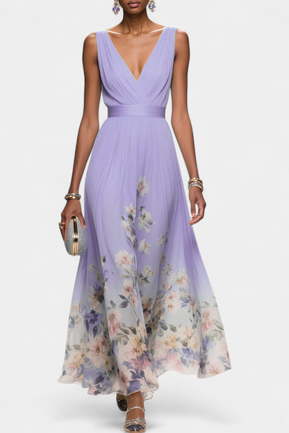 Natalia - Abito Lungo Floreale Smanicato Donna Elegante