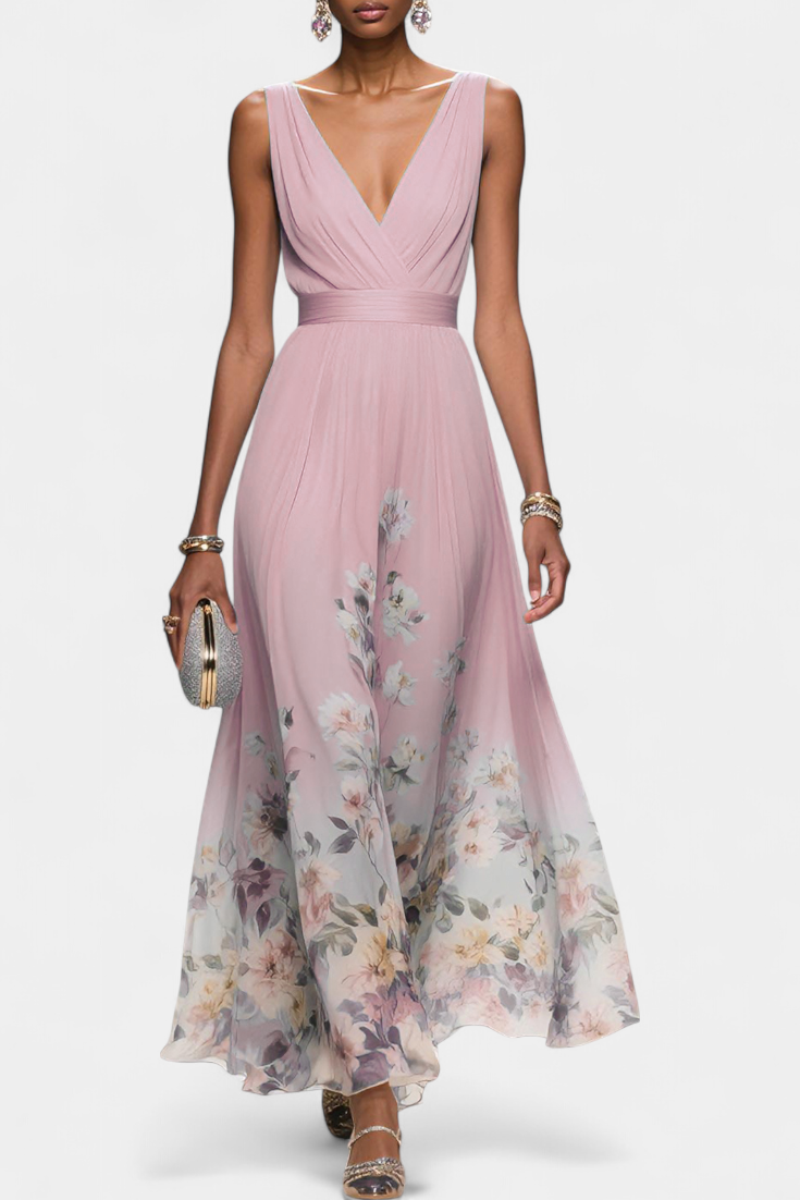 Natalia - Abito Lungo Floreale Smanicato Donna Elegante