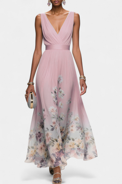 Natalia - Abito Lungo Floreale Smanicato Donna Elegante