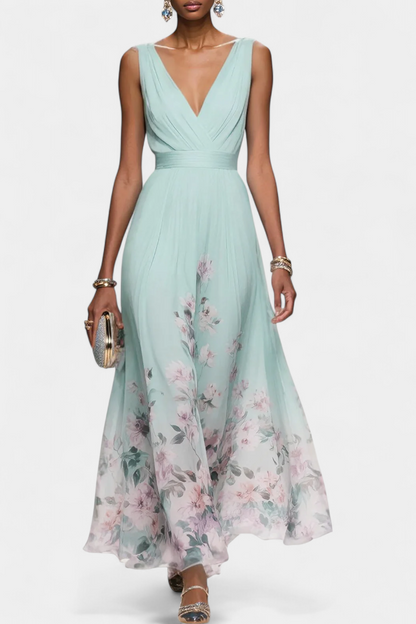Natalia - Abito Lungo Floreale Smanicato Donna Elegante