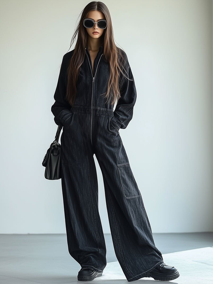 Teresanna - Tuta Denim Casual Stile Retrò Con Zip