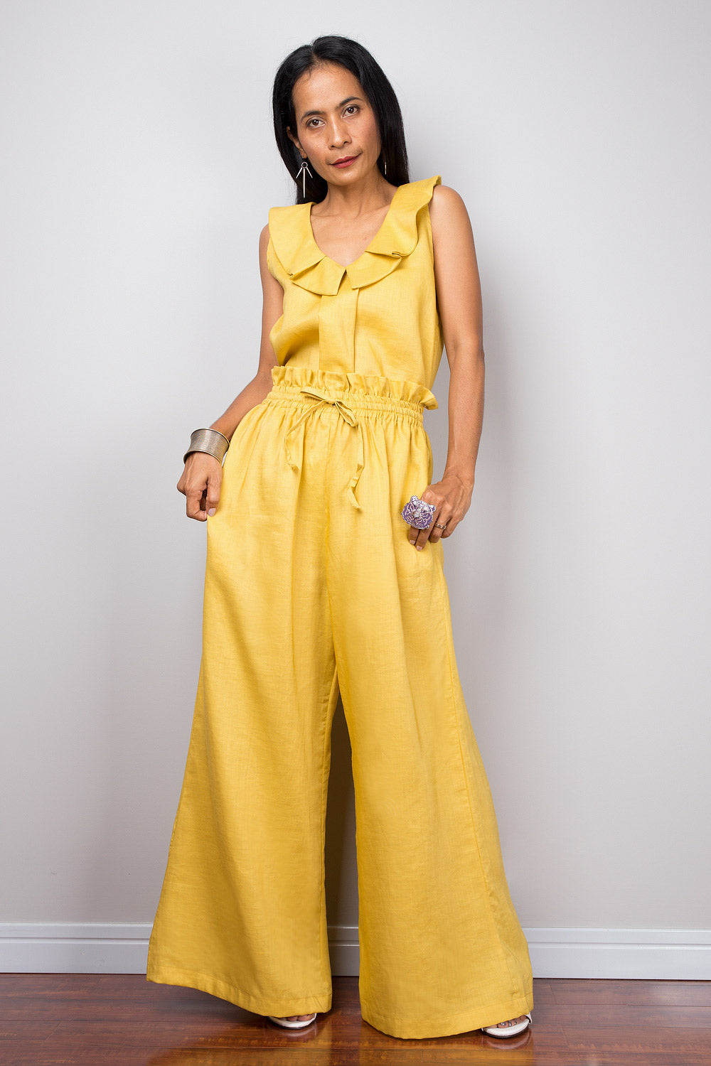 Marsinda – Pantaloni Palazzo a Gamba Larga in Lino Giallo