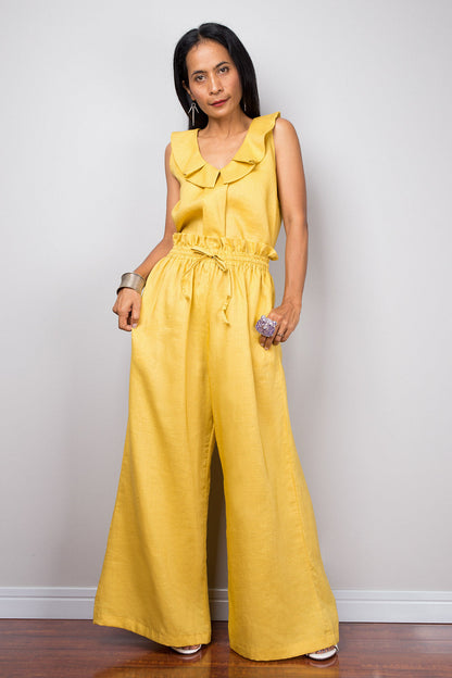 Marsinda – Pantaloni Palazzo a Gamba Larga in Lino Giallo