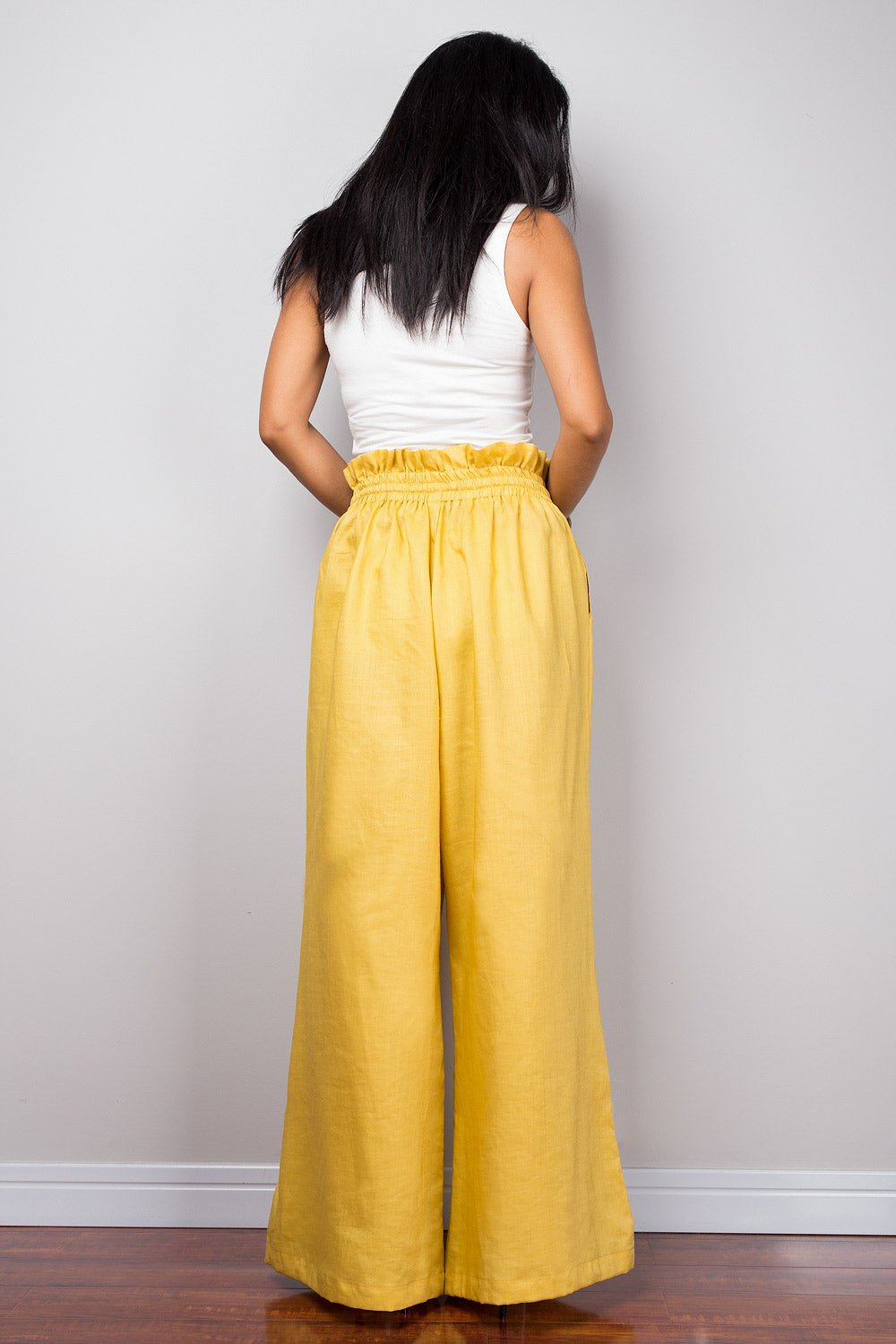Marsinda – Pantaloni Palazzo a Gamba Larga in Lino Giallo