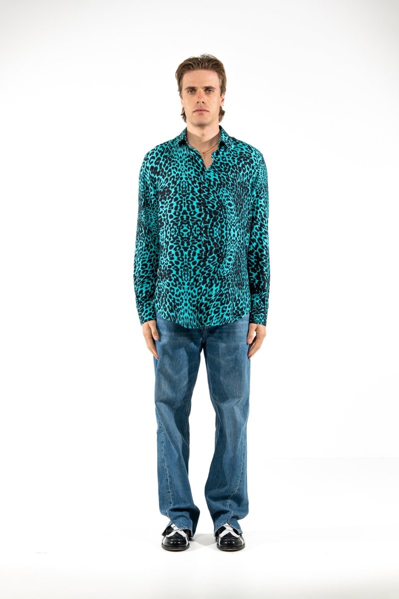 Renatus - Camicia Uomo Azzurra Stampa Leopardata Moderna
