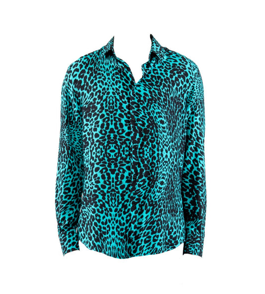 Renatus - Camicia Uomo Azzurra Stampa Leopardata Moderna