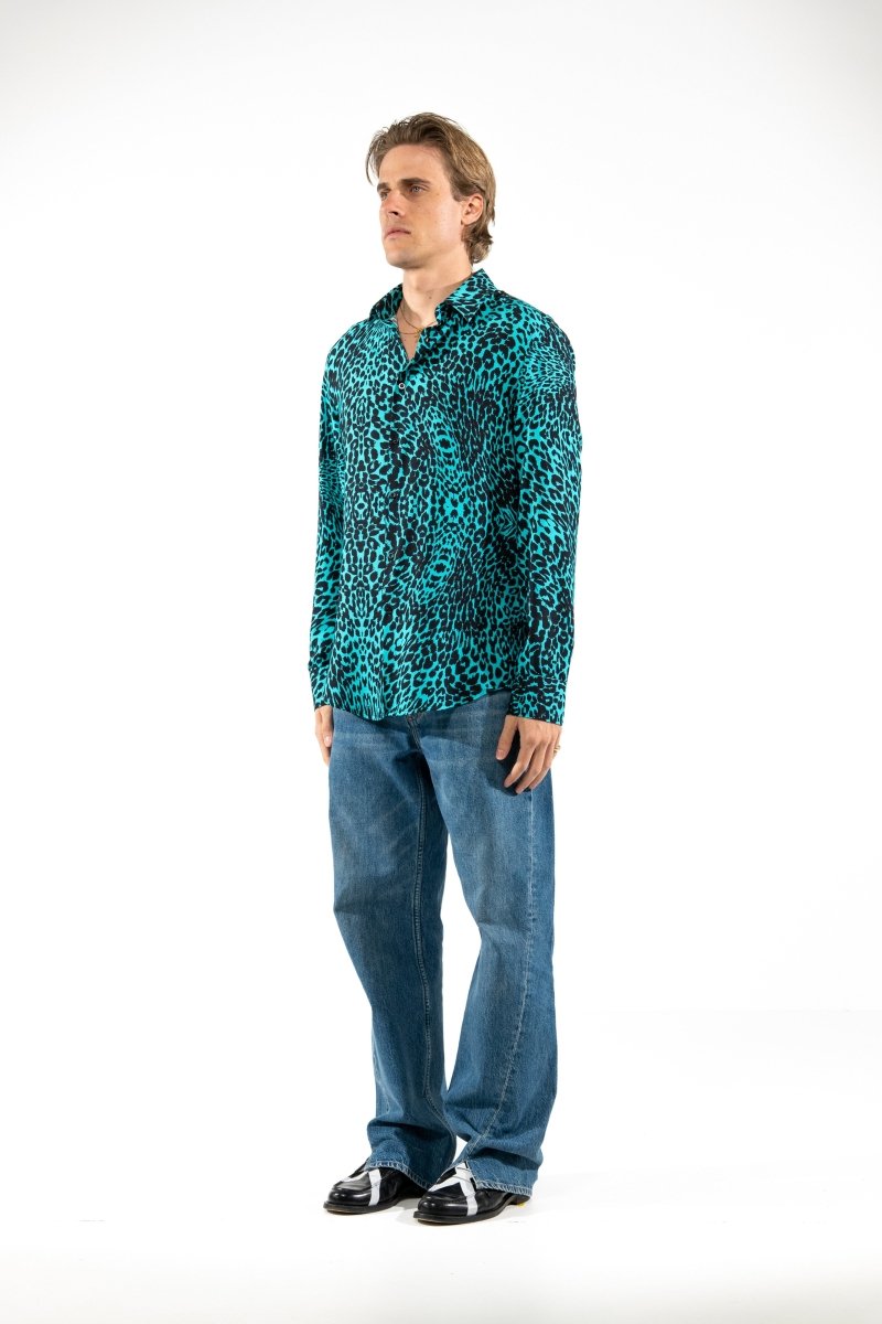 Renatus - Camicia Uomo Azzurra Stampa Leopardata Moderna