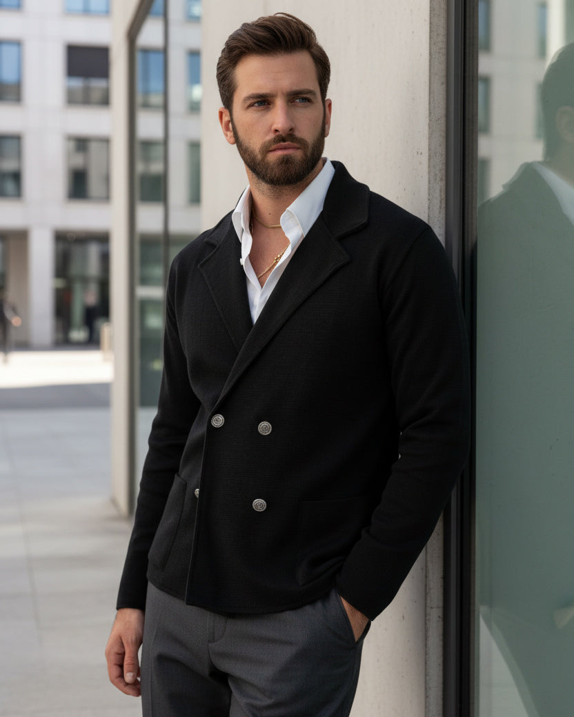Kian - Cardigan Uomo Doppiopetto Nero Stile Elegante Casual