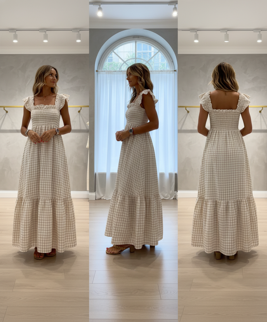 Quinira - Abito Lungo Estivo Donna Quadretti Fresco Moderno