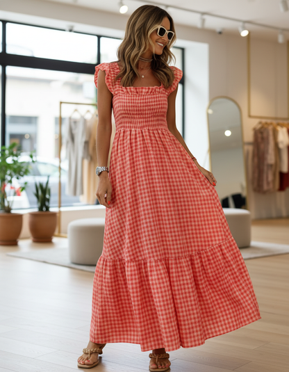 Quinira - Abito Lungo Estivo Donna Quadretti Fresco Moderno