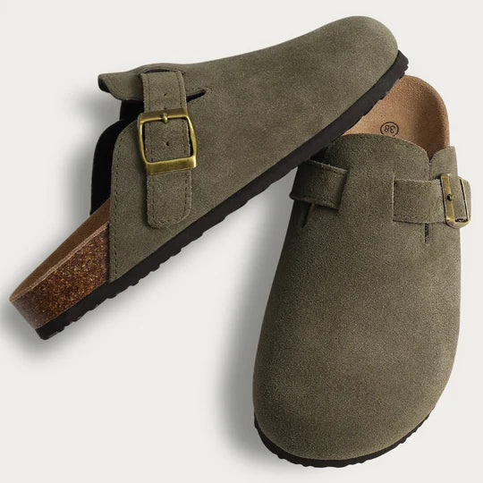 APREGGIO -Pantofole Estive da Donna in Pelle Liscia - Ciabatte Leggere con Zeppa - Pantofole Chiuse - Ideali per Casa - Grigio con Motivo Gatto Nero - Taglia 36 EU