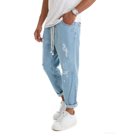 Kjell - Pantaloni Uomo Jeans Loose Fit Strappi Chiaro