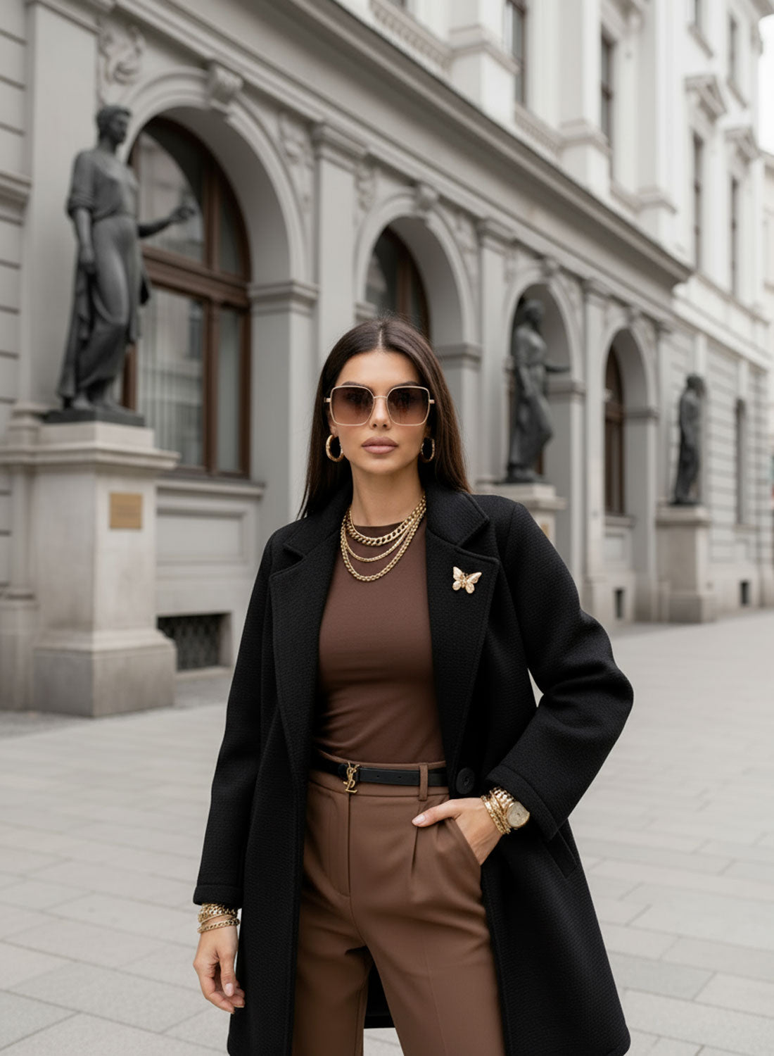 Joelle - Cappotto Nero con Bottone e Spilla