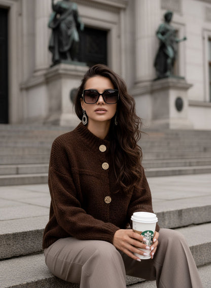 Juna - Giacca Cardigan Marrone con Bottoni Oro