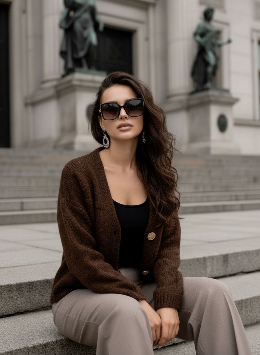 Juna - Giacca Cardigan Marrone con Bottoni Oro