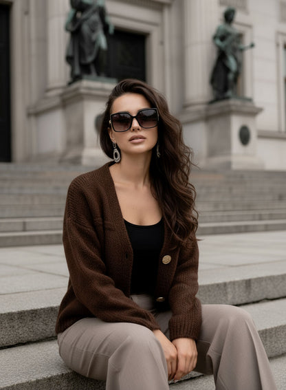 Juna - Giacca Cardigan Marrone con Bottoni Oro