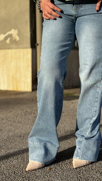 Itala - Jeans Palazzo Donna Elastico Vita Alta Casual