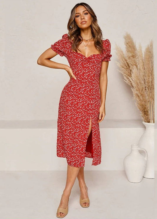 Daniela - Abito Midi Donna Boho Chic Rosso con Spacco