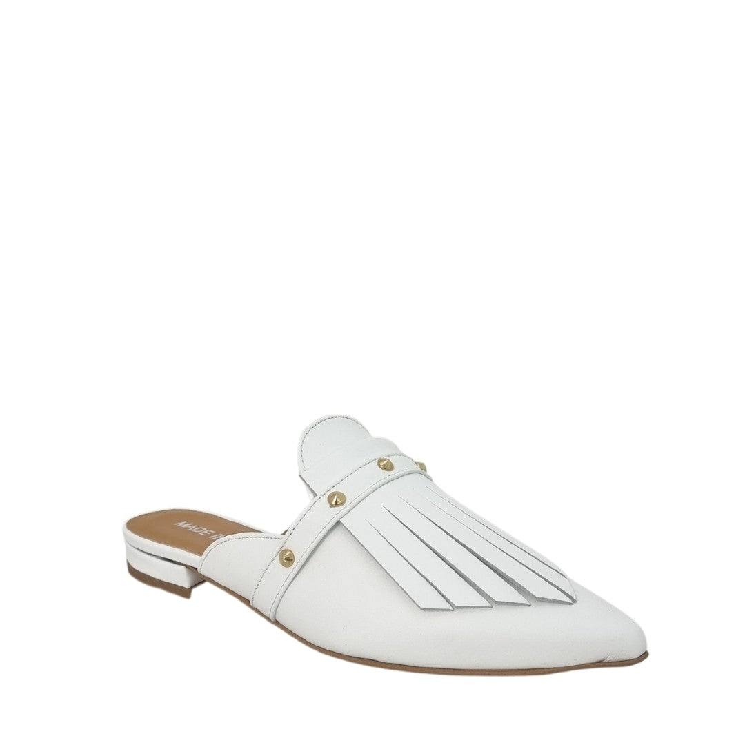 Rine – Slippers a Punta Bianche con Frange e Borchie