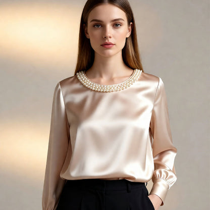 Lorenza - Blusa Lucida Colletto Perle Donna Elegante