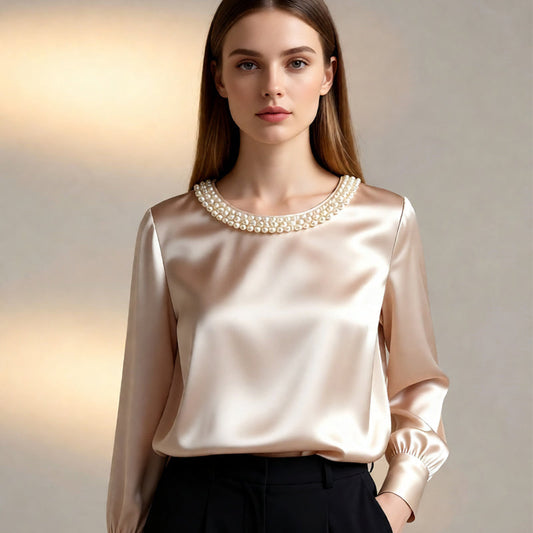 Lorenza - Blusa Lucida Colletto Perle Donna Elegante