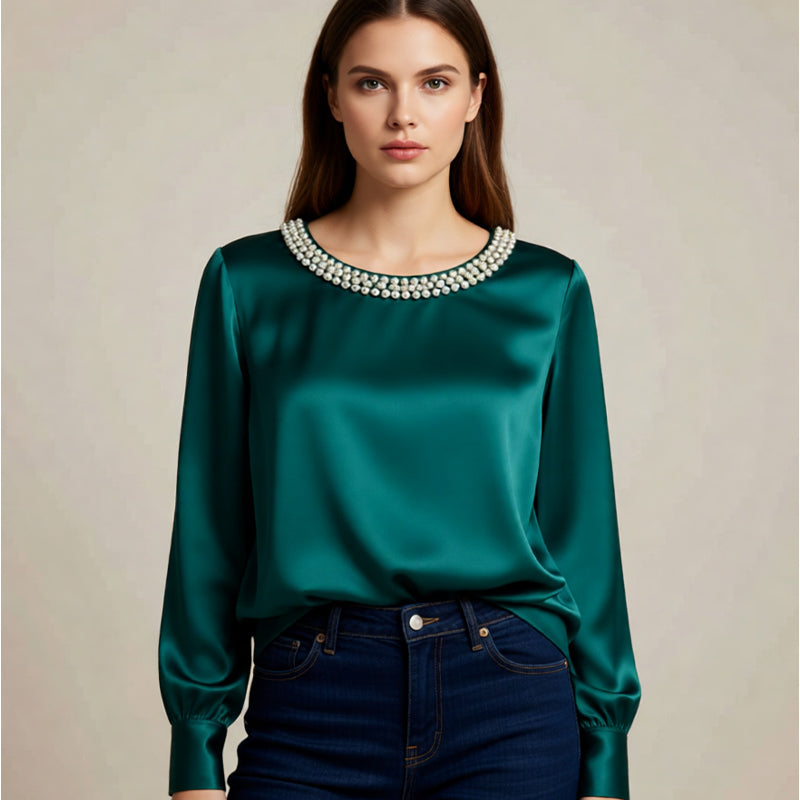 Lorenza - Blusa Lucida Colletto Perle Donna Elegante