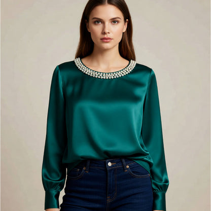 Lorenza - Blusa Lucida Colletto Perle Donna Elegante