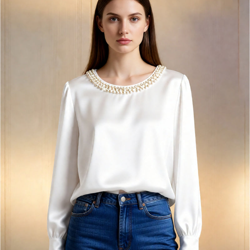 Lorenza - Blusa Lucida Colletto Perle Donna Elegante