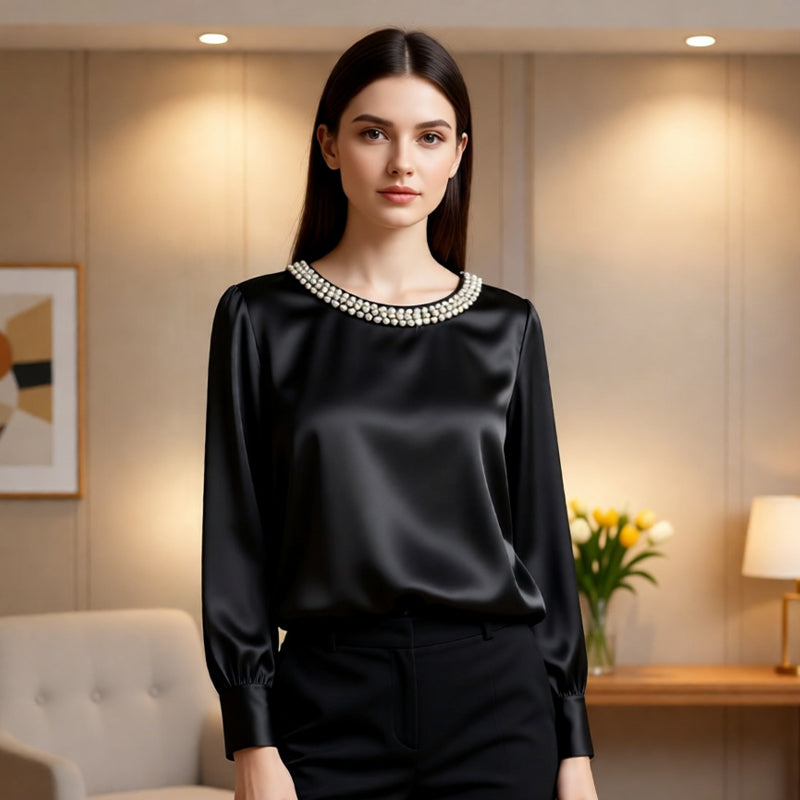 Lorenza - Blusa Lucida Colletto Perle Donna Elegante