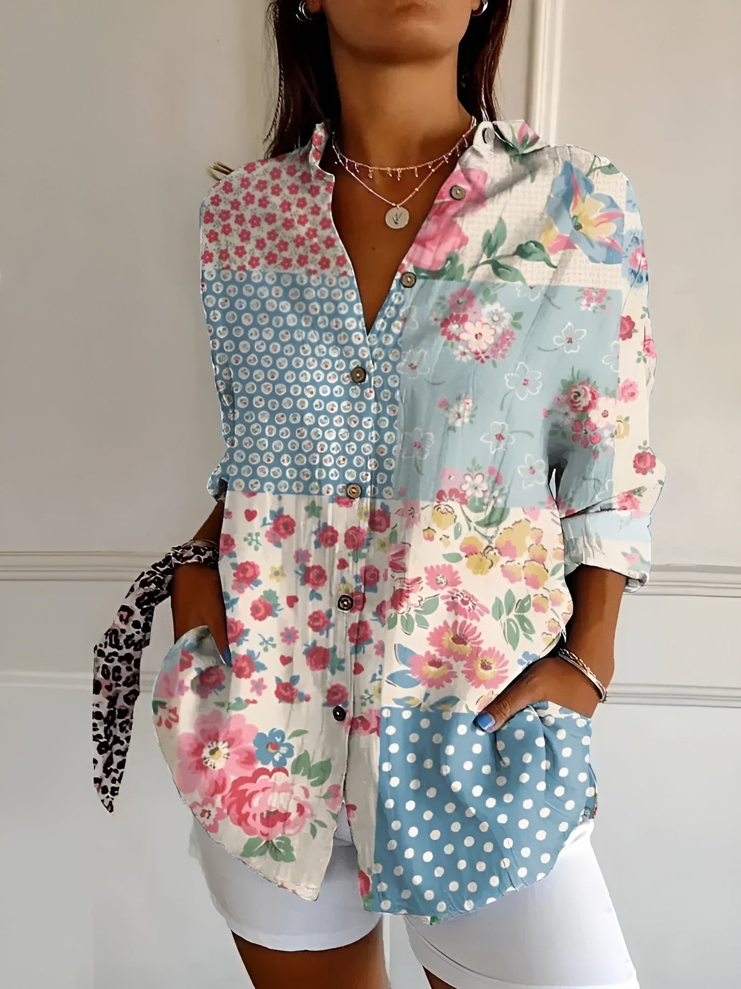 Eugenia - Blusa donna bottoni stampa moderna versatile