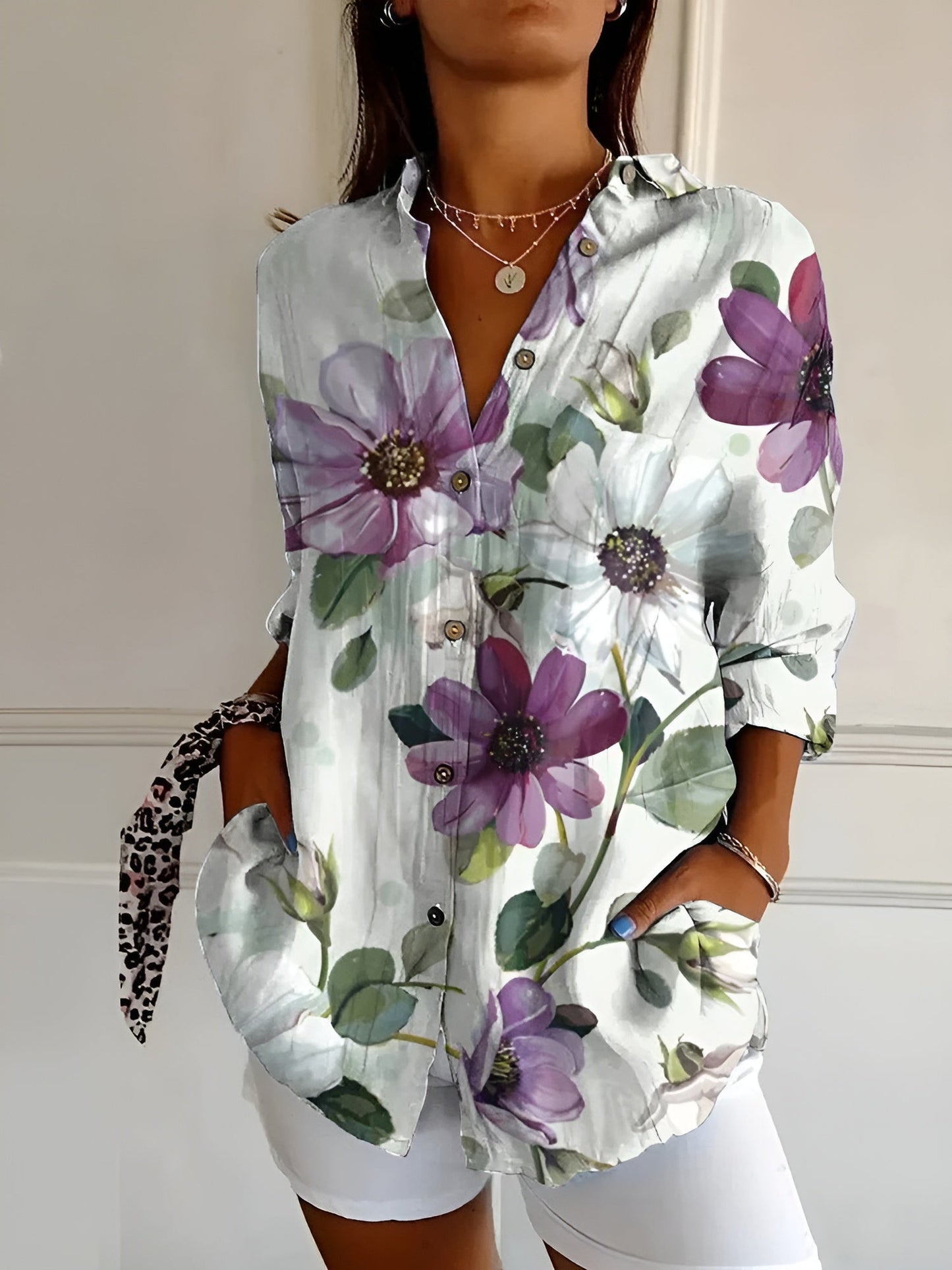 Eugenia - Blusa donna bottoni stampa moderna versatile