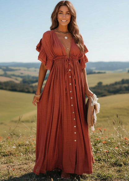 Diana - Abito Lungo Donna Boho Chic Color Ruggine