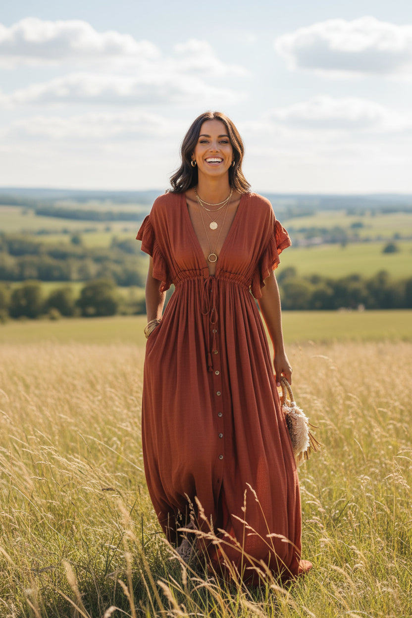 Diana - Abito Lungo Donna Boho Chic Color Ruggine