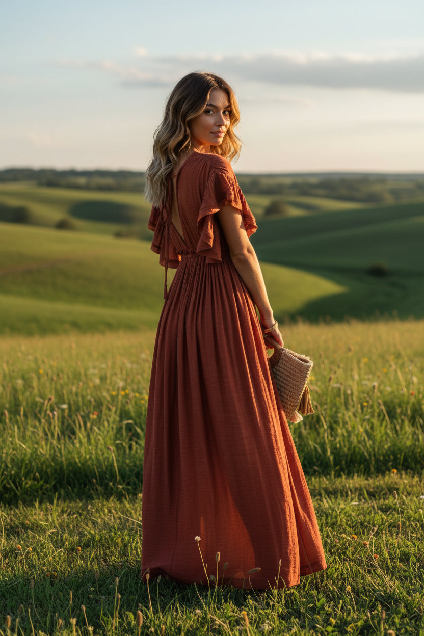Diana - Abito Lungo Donna Boho Chic Color Ruggine
