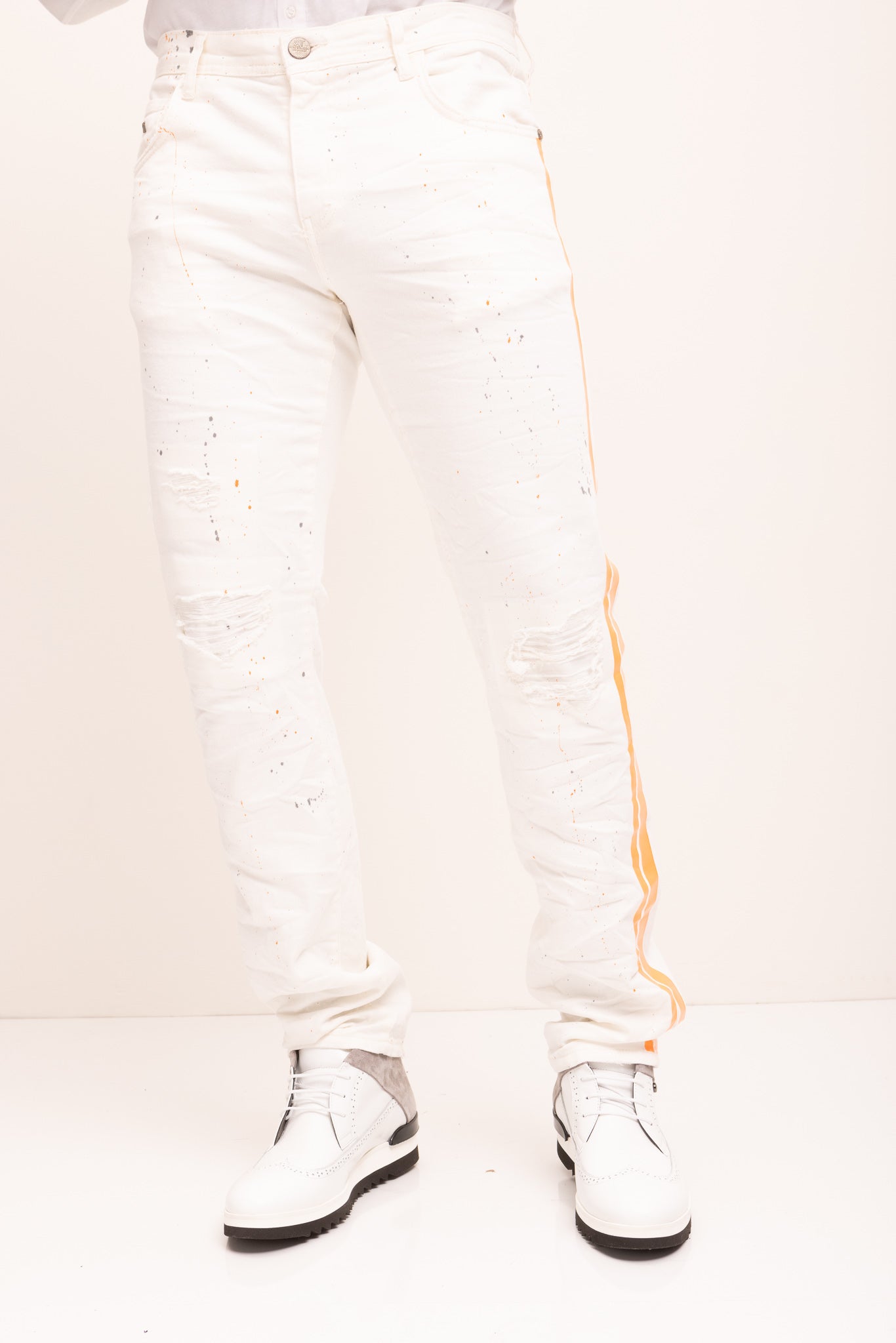 Antonio - Jeans a Righe Spruzzate Arancioni Bianco